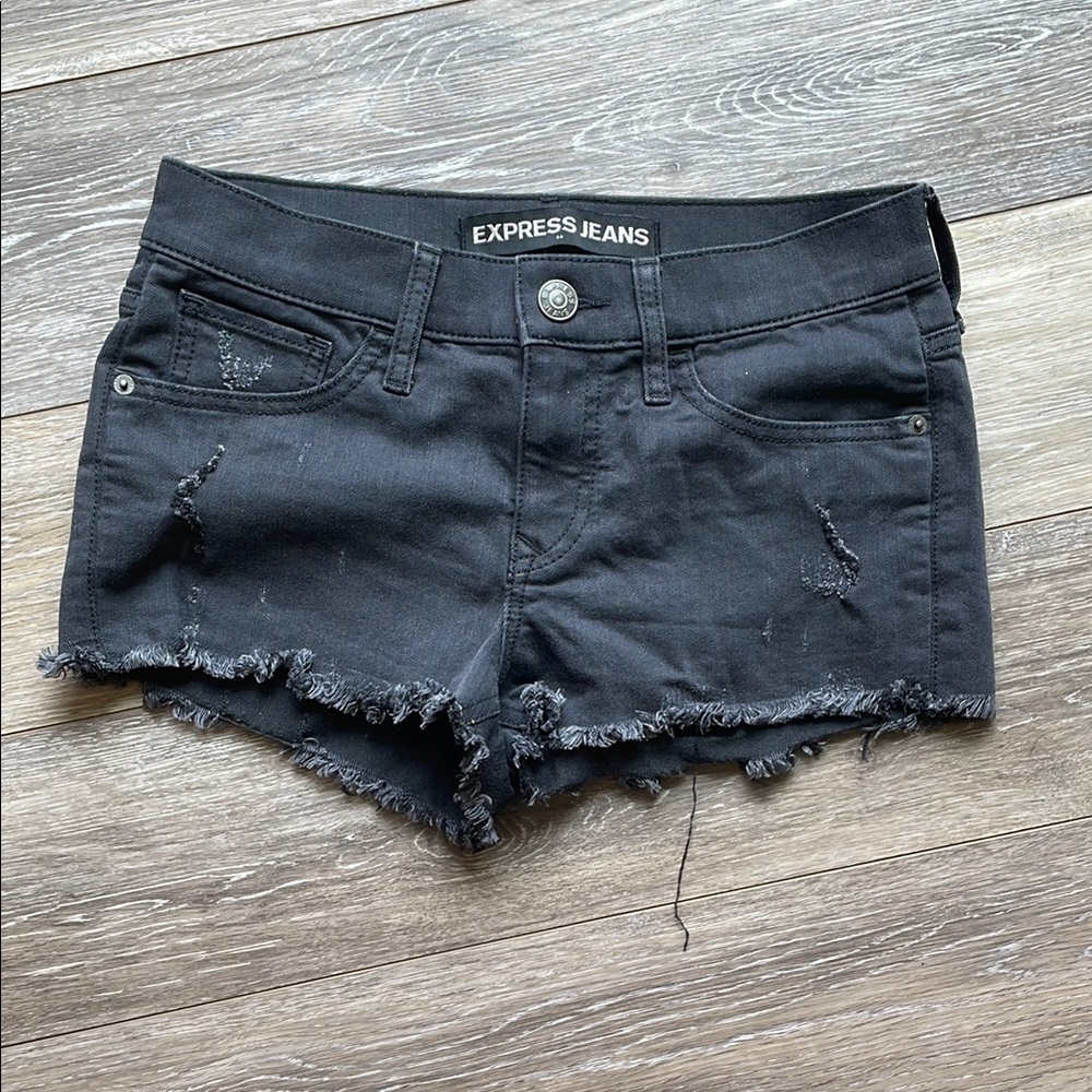 Express Black Jean Shorts with Distressed Hem, Size 2